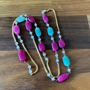 Vintage Artisan Made Pink Blue Gold Tone Beaded Faux Pearl Necklace